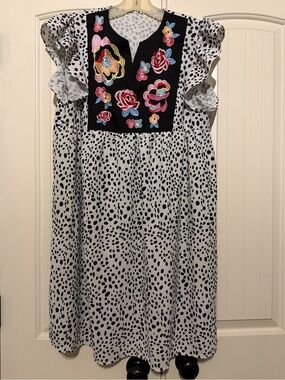 V Neck Embroidered Floral Black Bib Polka Dot Dress